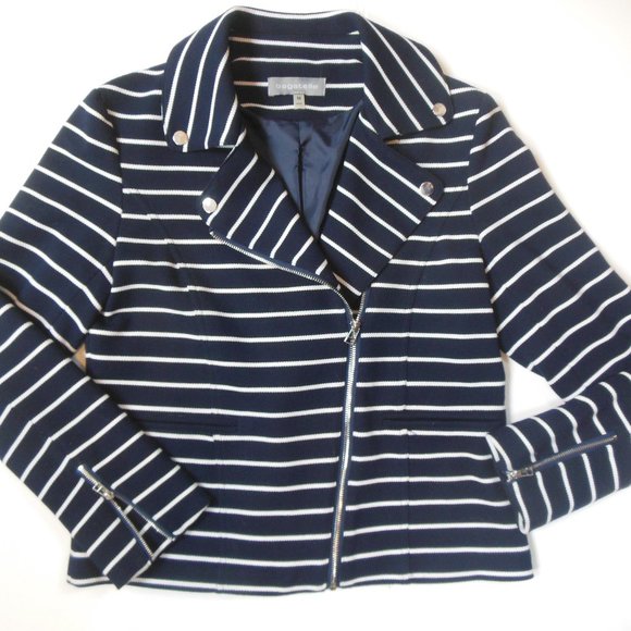 BAGATELLE Navy Blue & White Stripe Moto Jacket - Picture 2 of 8
